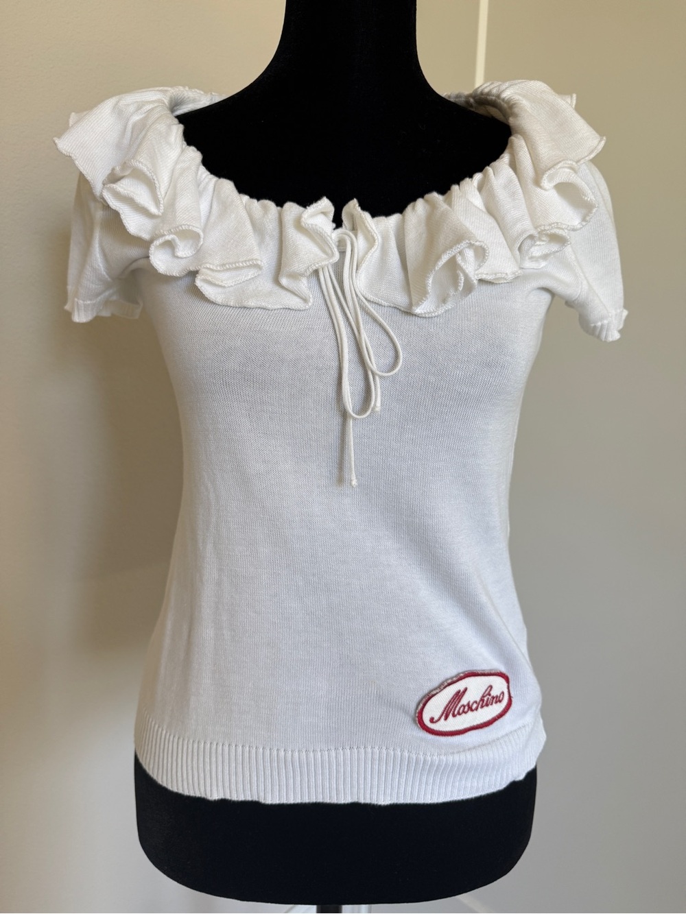 Vintage Y2K Moschino Jeans white knit ruffle top with tie and Moschino patch S - Picture 3 of 6